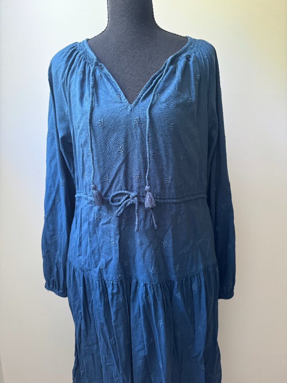 Old Navy Blue Embroidered Leaf Boho Peasant Maxi Dress Tassel Tie Small